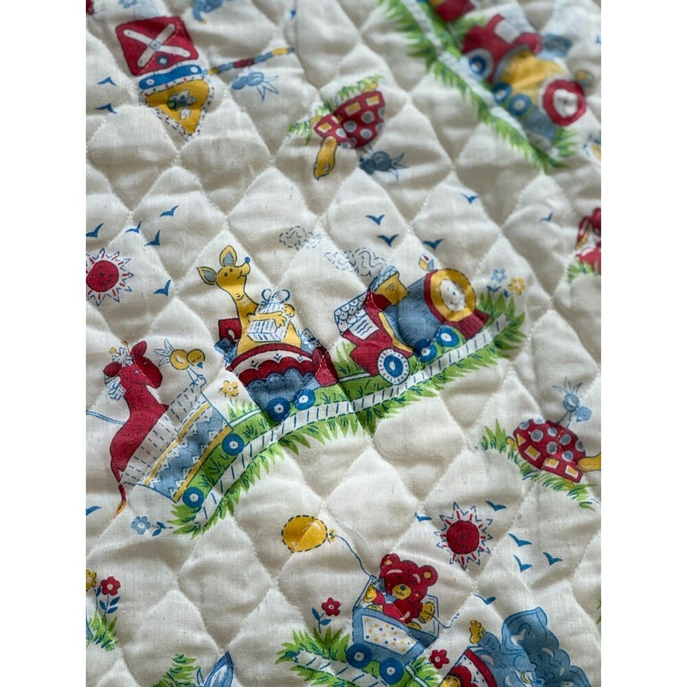 Vintage Handmade Baby Quilt Animal Train Nursery Blanket Green Floral 36x53